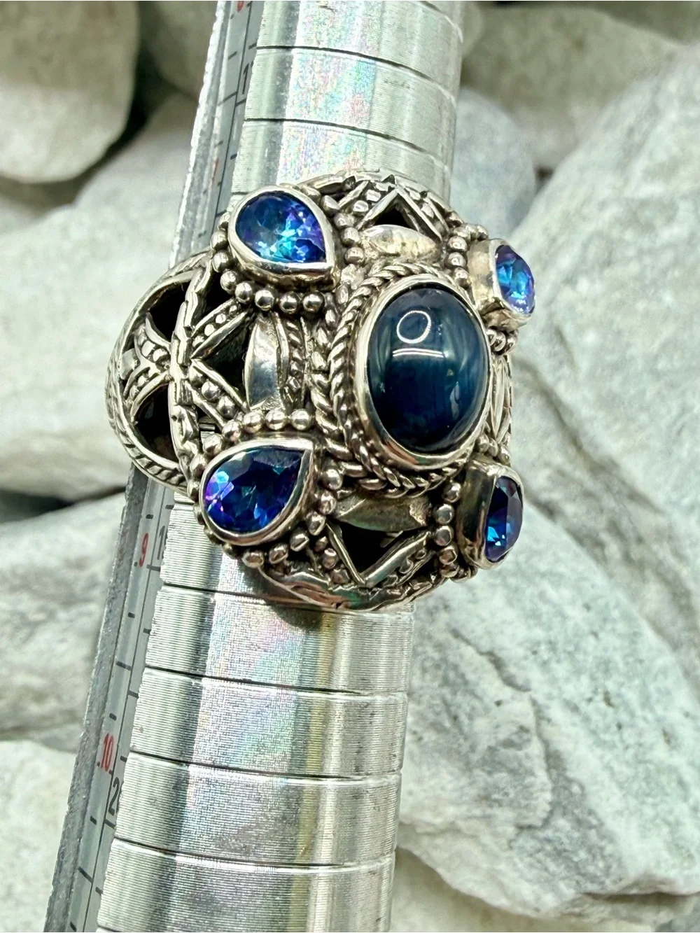 Vintage SARDA 925 Sterling Silver Sapphire Blue Topaz Statement Ring Size 8 EUC